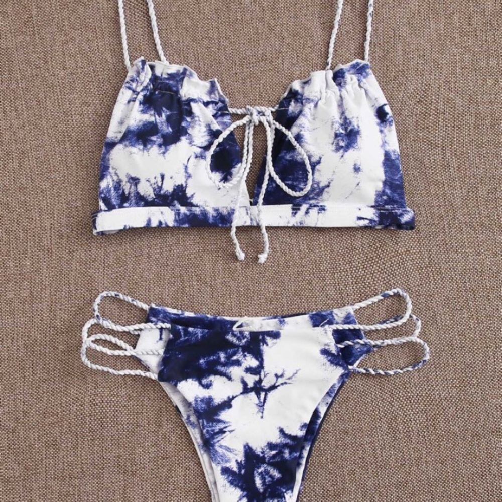 Blue and white tie dye bathing suit.